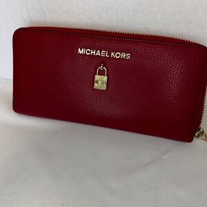 Michael Kors Scarlet Red Leather Zip Around Continental Wallet Gold Lock